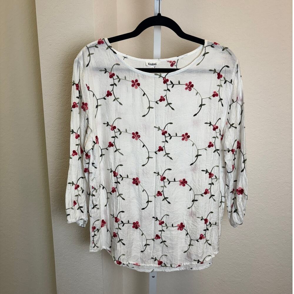 Anthropologie Kindred Embroidered White Floral Gauzy Boho Top Shirt Size Large